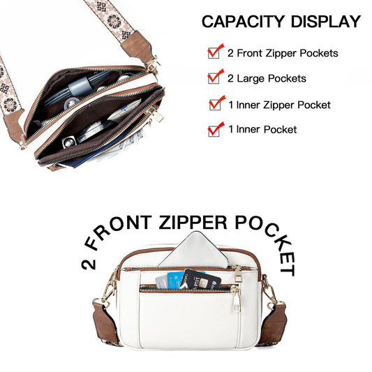 Triple-Zipper Shoulder Bag with Floral Embroidered Straps