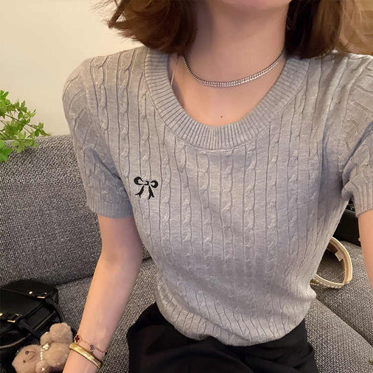 All-Matching Pullover Bow Embroidery Twist Knitted Short Sleeve for Ondaum