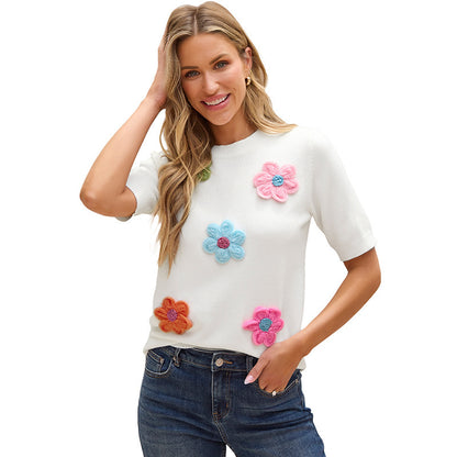 Ondaum Three-Dimensional Flower Decoration Half-Sleeve Knitted Top