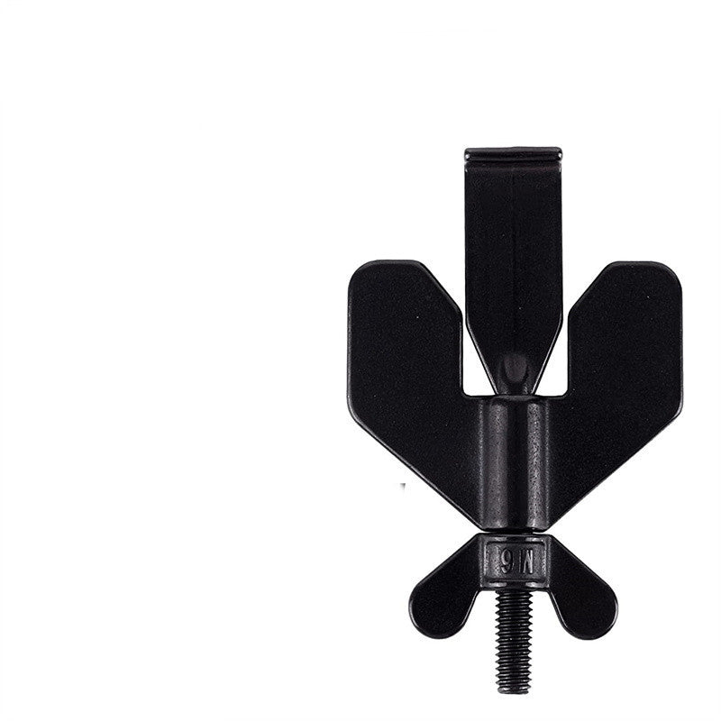 Black metal tool with a central shaft and two wing nuts on a white background
