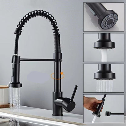 Black kitchen faucet with flexible hose and multiple spray heads on a gray background