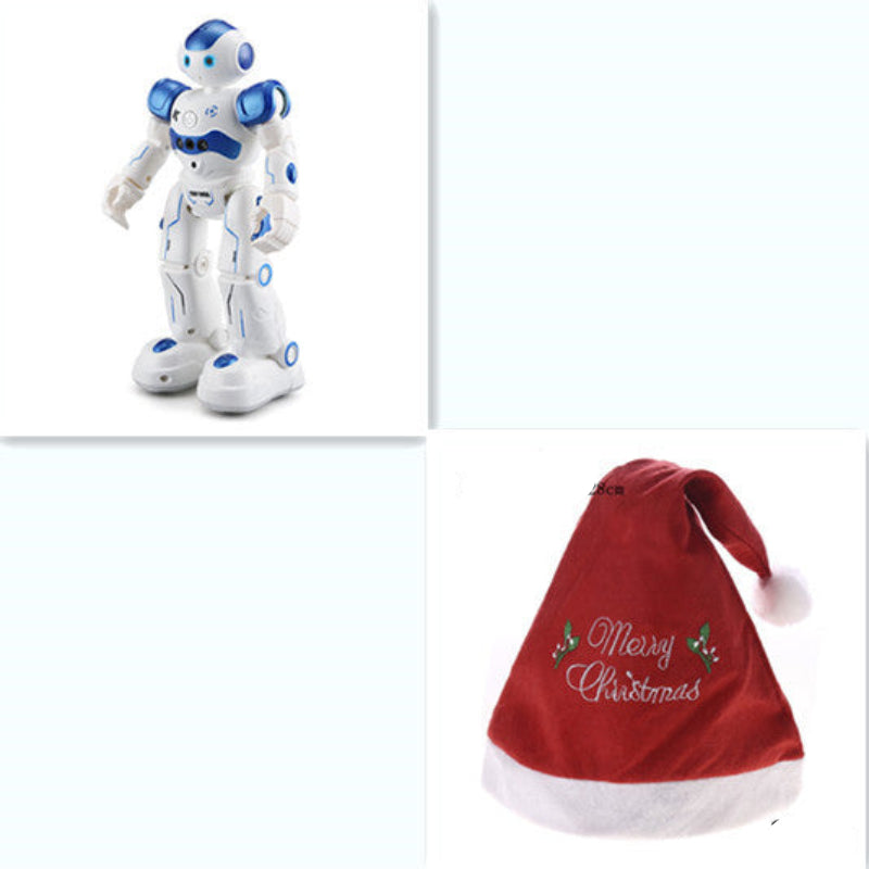 Toy robot and red Christmas hat with 'Merry Christmas' text on a white background