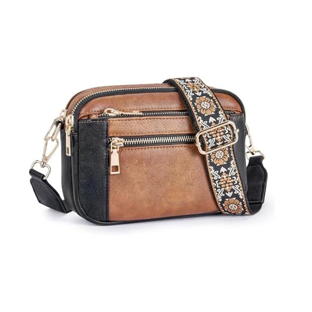 Triple-Zipper Shoulder Bag with Floral Embroidered Straps