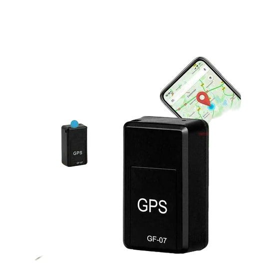 GPS tracker with smartphone app, hand holding tracker, and map icons on a white background.