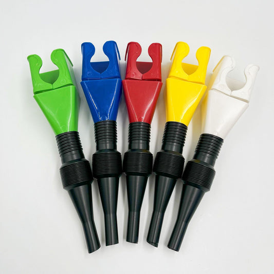 Set of five colorful clamps with black stems on a white background