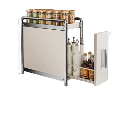 Pull-out spice cabinet with measurements and product details on a kitchen counter.