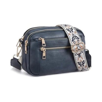Triple-Zipper Shoulder Bag with Floral Embroidered Straps