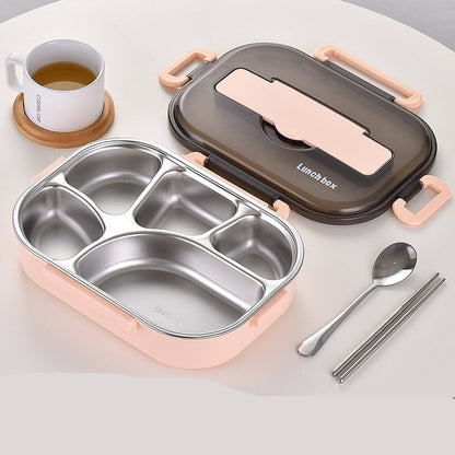 Pink lunch box with compartments, spoon, and chopsticks on a light background