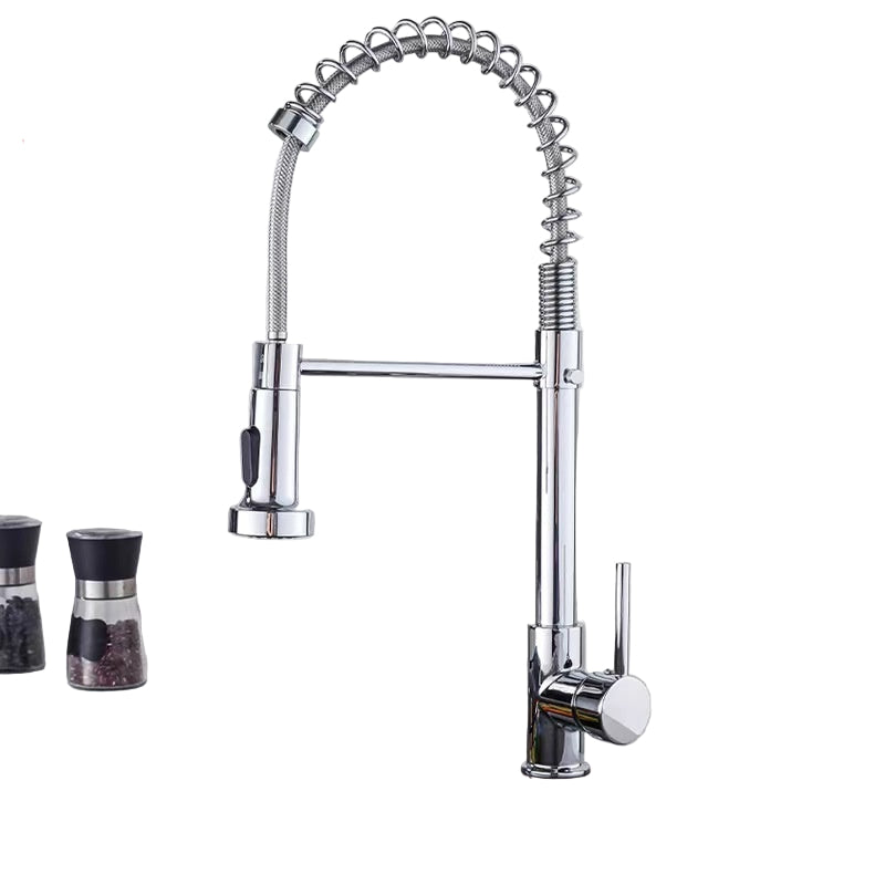 Chrome kitchen faucet with features highlighted on a white background