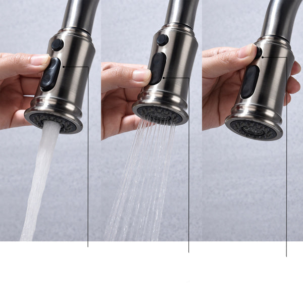 Three modes of a handheld shower head with water flow on a gray background