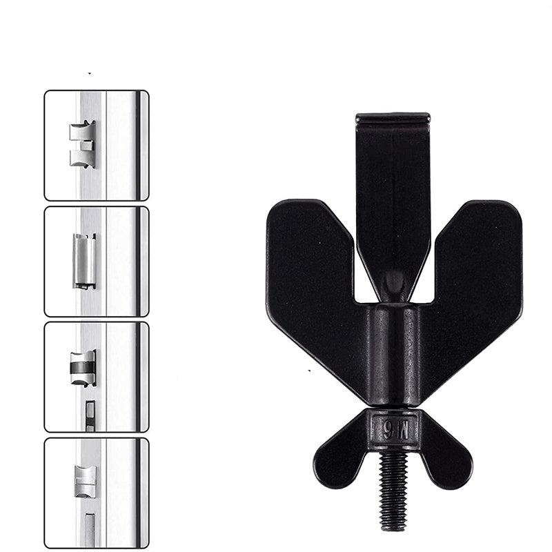 Black door handle with text indicating suitability for different door hole sizes and opening direction.