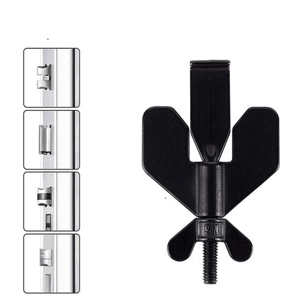 Black door handle with text indicating suitability for different door hole sizes and opening direction.