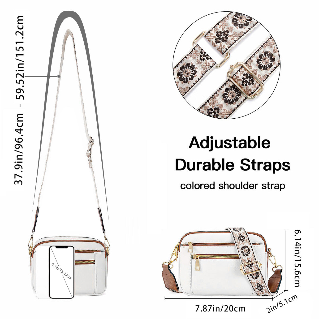 Triple-Zipper Shoulder Bag with Floral Embroidered Straps