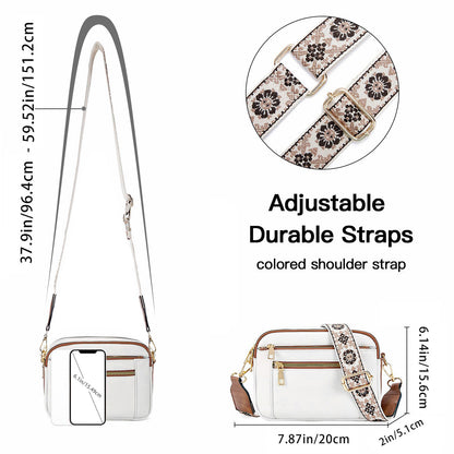 Triple-Zipper Shoulder Bag with Floral Embroidered Straps