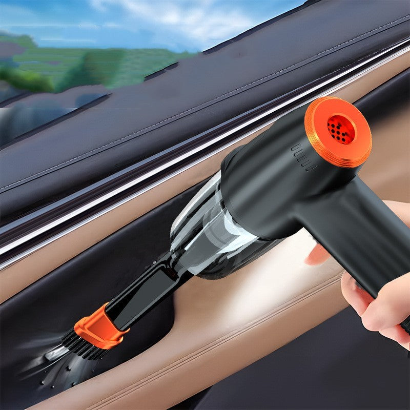Car window cleaning tool being used on a car window with a blurred outdoor background