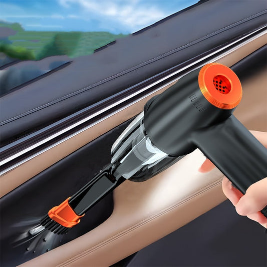 Car window cleaning tool being used on a car window with a blurred outdoor background