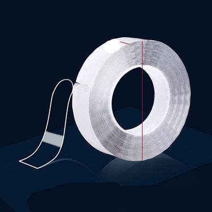 Roll of clear tape with dimensions on a dark background