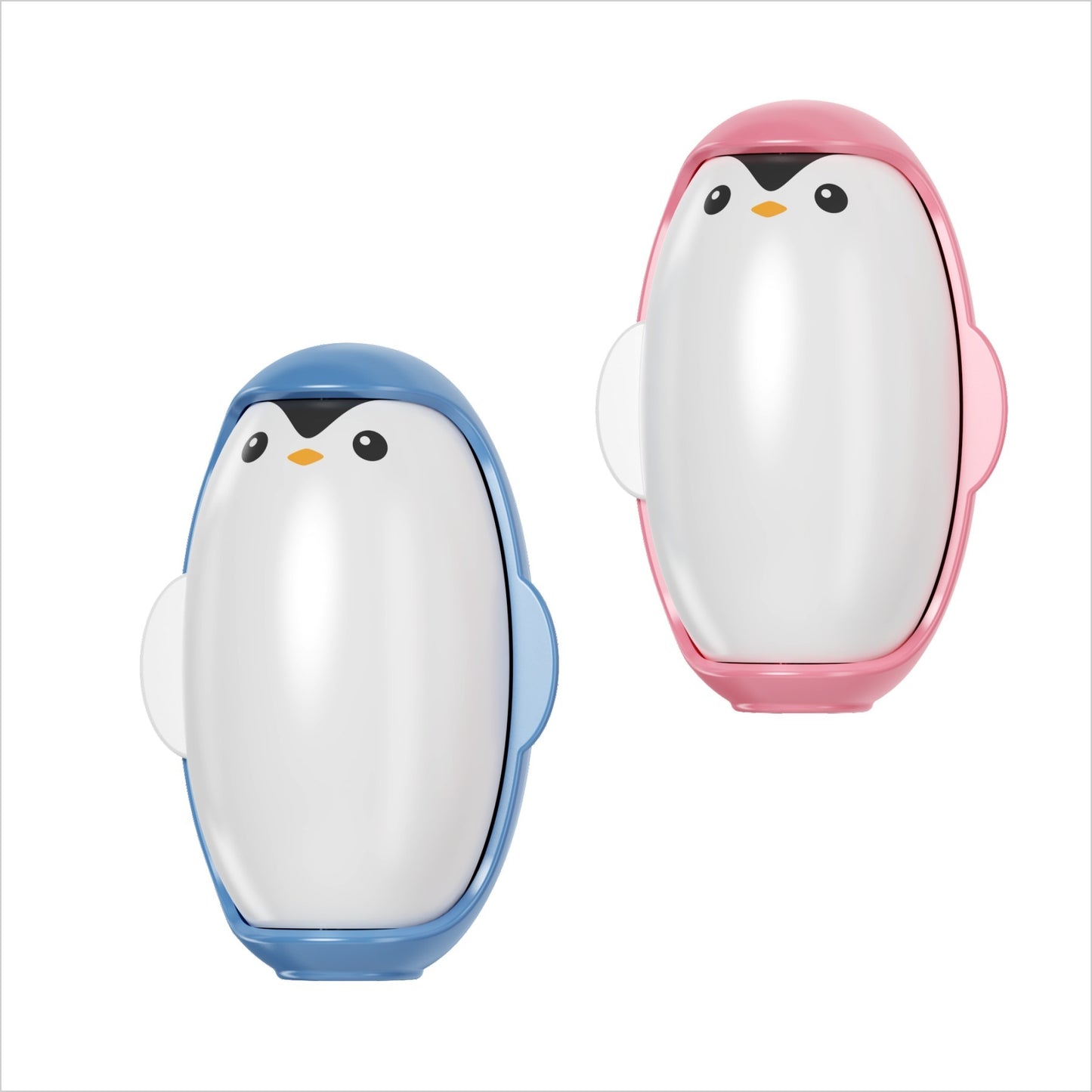 Two penguin-shaped containers, one blue and one pink, on a white background.