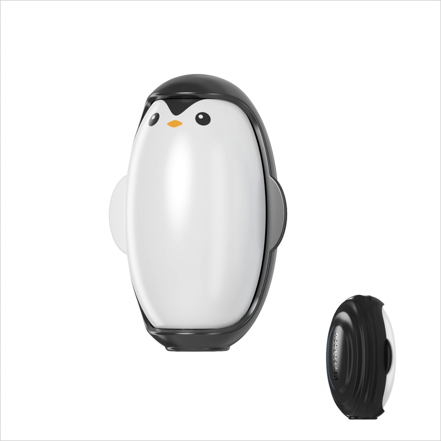 Penguin-shaped camera lens cap on a white background