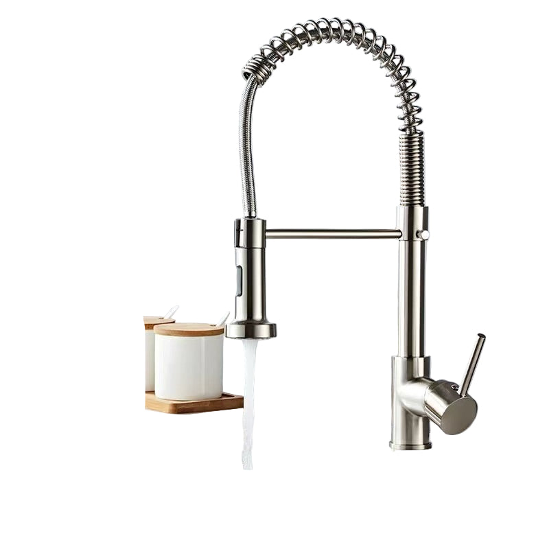 Stainless steel kitchen faucet with two water outlet modes on a gray background