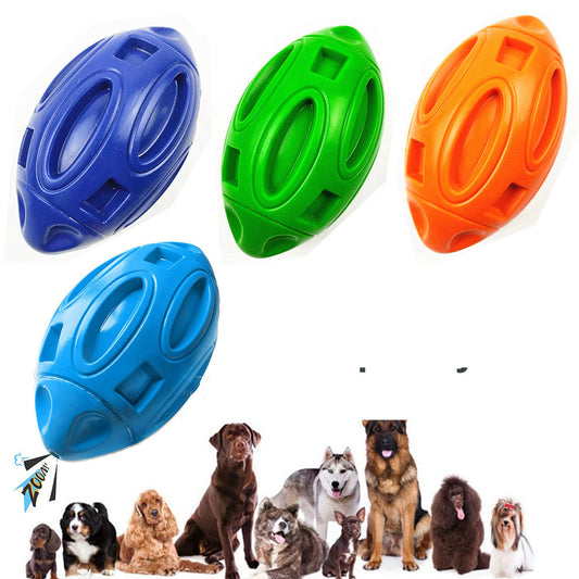 Three colorful dog squeaky balls with a row of dogs below on a white background