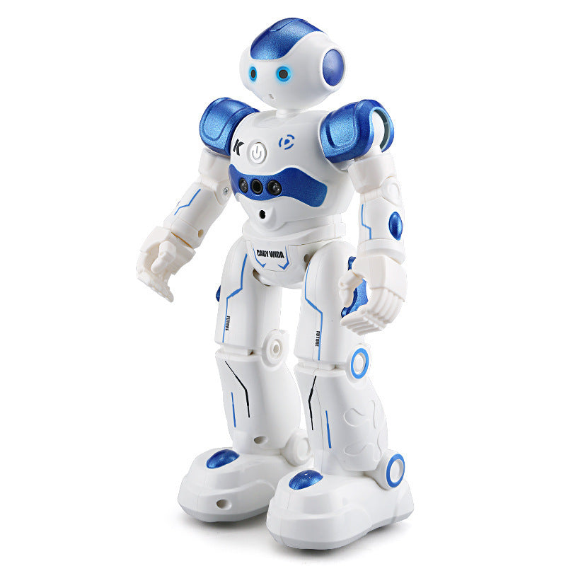 White and blue robot toy on a white background