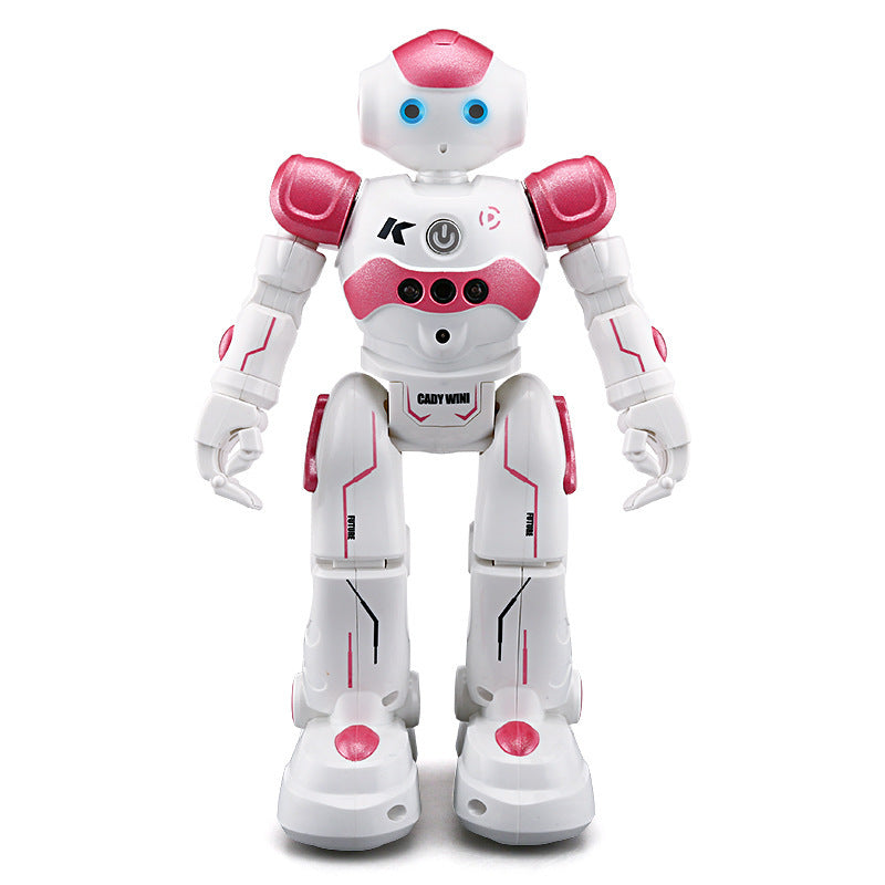 White and pink robot toy on a white background