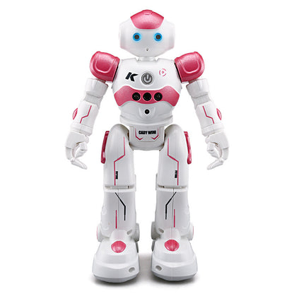 White and pink robot toy on a white background