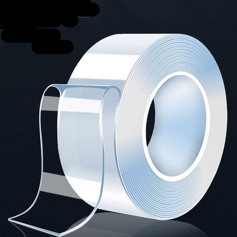Roll of double-sided tape with text indicating it can be pasted and reused on a dark background