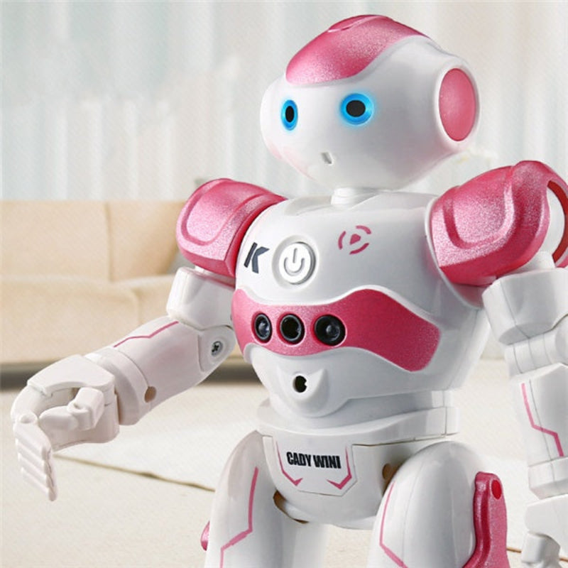 White and pink robot toy with visible branding on a light background