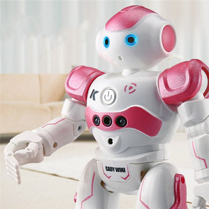 White and pink robot toy with visible branding on a light background