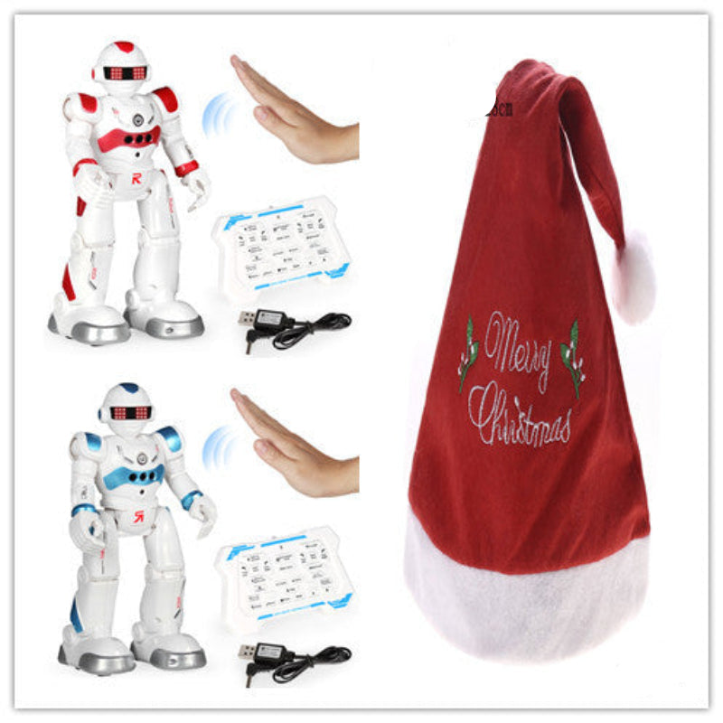 Two robots and a red Christmas hat with 'Merry Christmas' text on a white background.