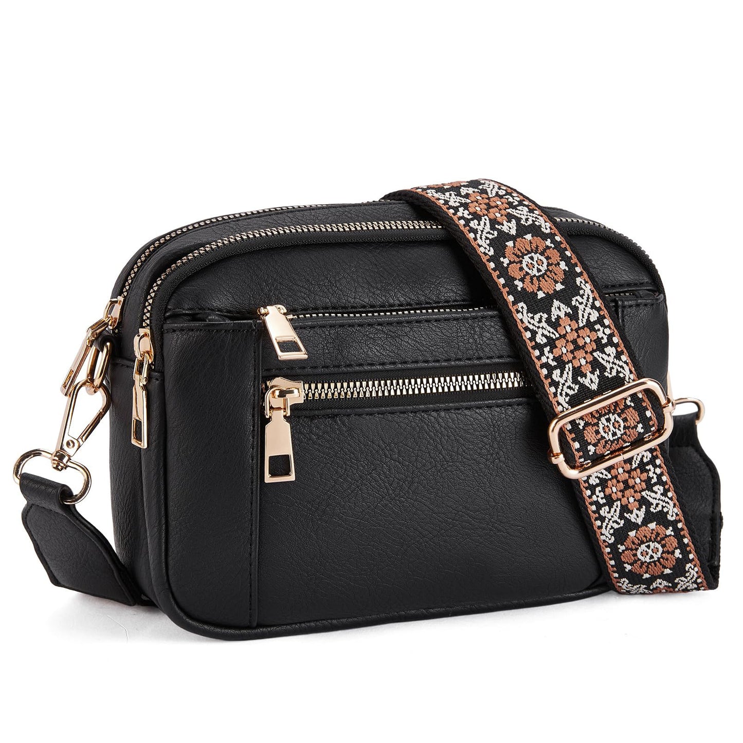 Triple-Zipper Shoulder Bag with Floral Embroidered Straps