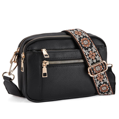 Triple-Zipper Shoulder Bag with Floral Embroidered Straps