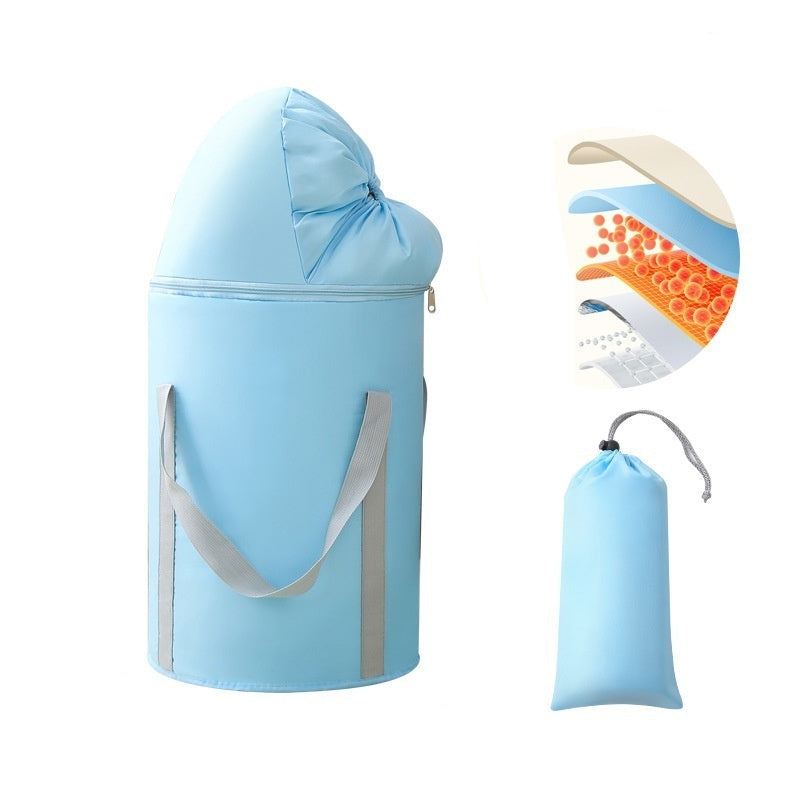 Blue baby diaper bag with dimensions and temperature lock features on a white background