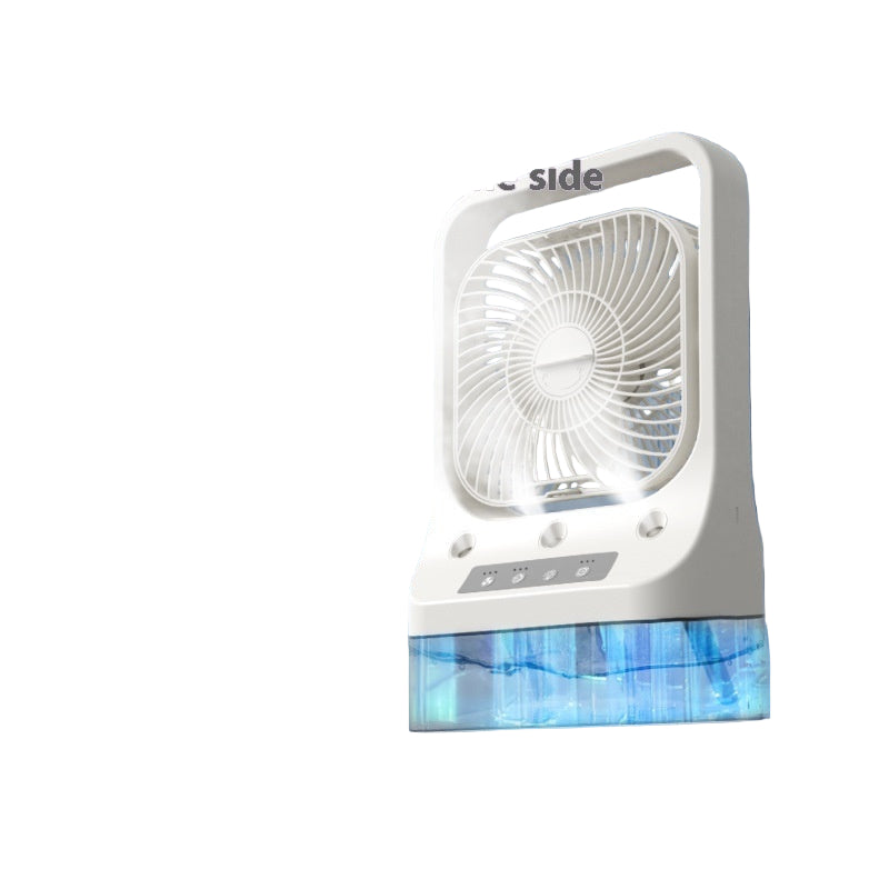 White oscillating fan with text on a blurred background