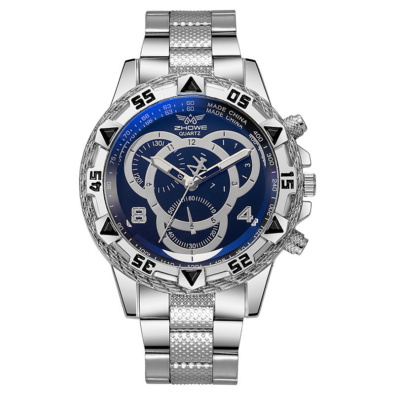 Silver and blue watch with detailed face on a white background