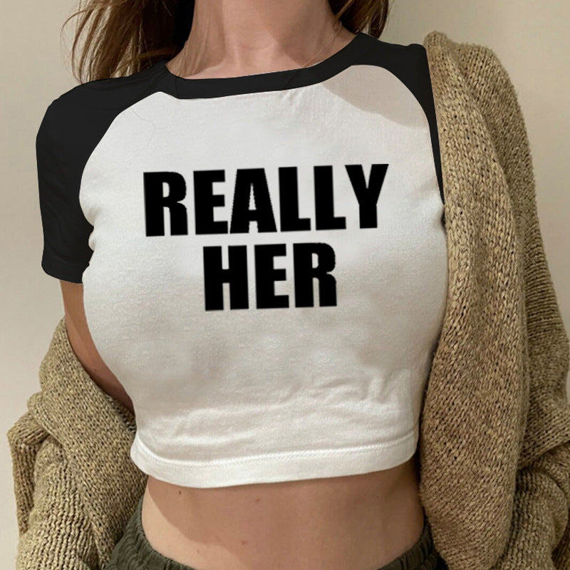 Fashion Letter Pattern Printed Short Top Navel T-shirt for Ondaum