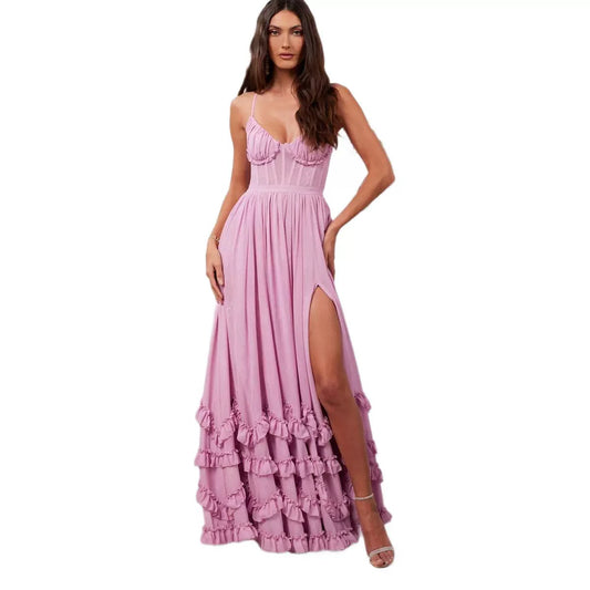 Wrapped Chest Fishbone Solid Color Dress