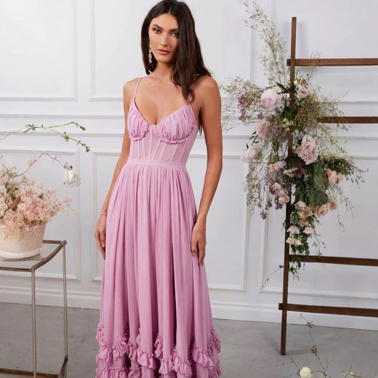 Wrapped Chest Fishbone Solid Color Dress