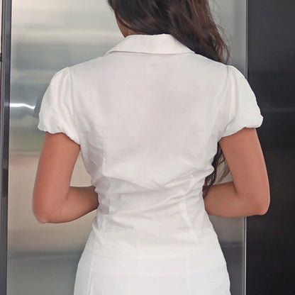 Solid Color Simple Waist Fitted Puff Sleeve Polo Shirt for Ondaum