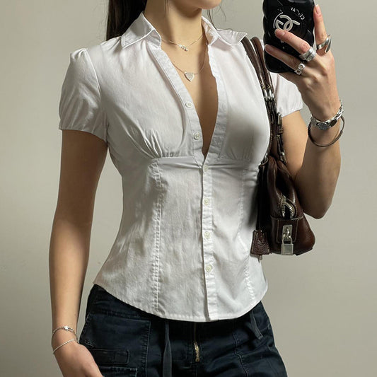 Solid Color Simple Waist Fitted Puff Sleeve Polo Shirt for Ondaum