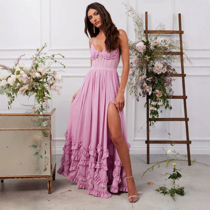 Wrapped Chest Fishbone Solid Color Dress