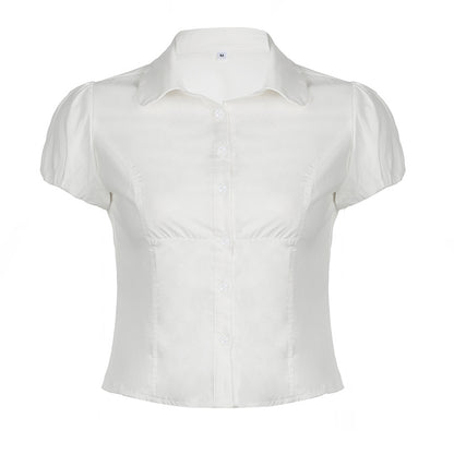 Solid Color Simple Waist Fitted Puff Sleeve Polo Shirt for Ondaum