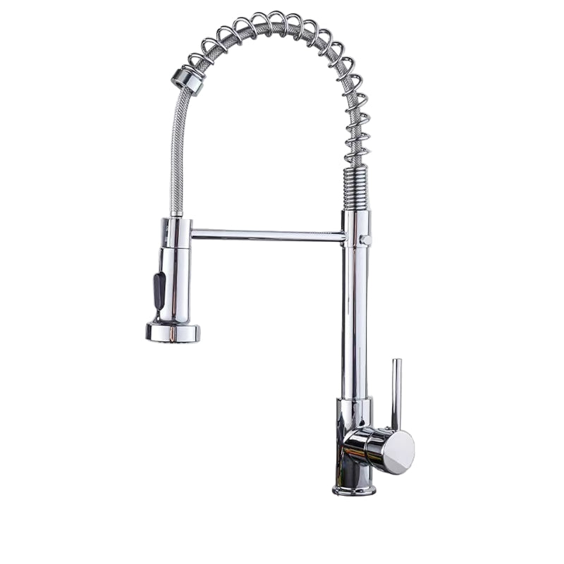 Chrome kitchen faucet with features highlighted on a white background