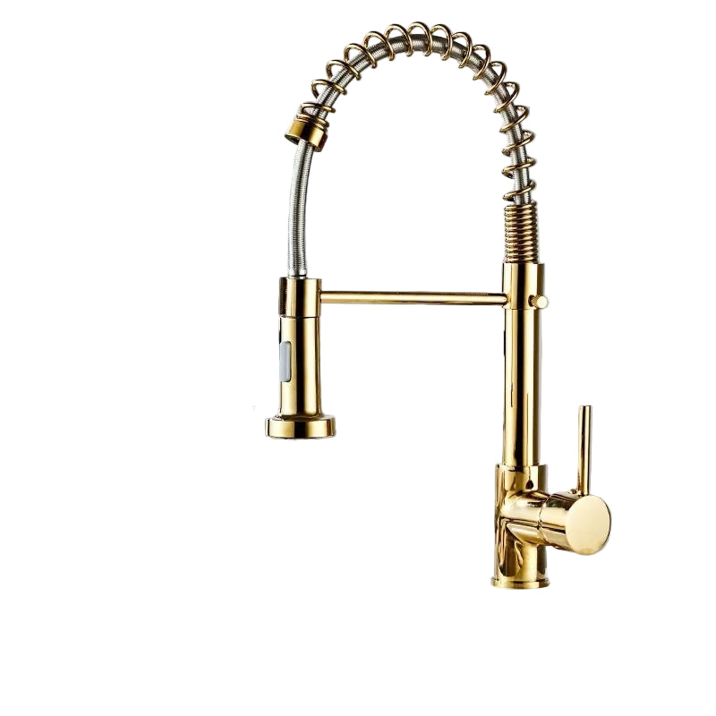 Gold kitchen faucet with water column and shower modes on a gray background