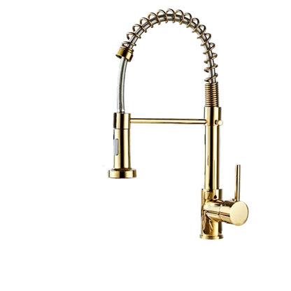 Gold kitchen faucet with water column and shower modes on a gray background