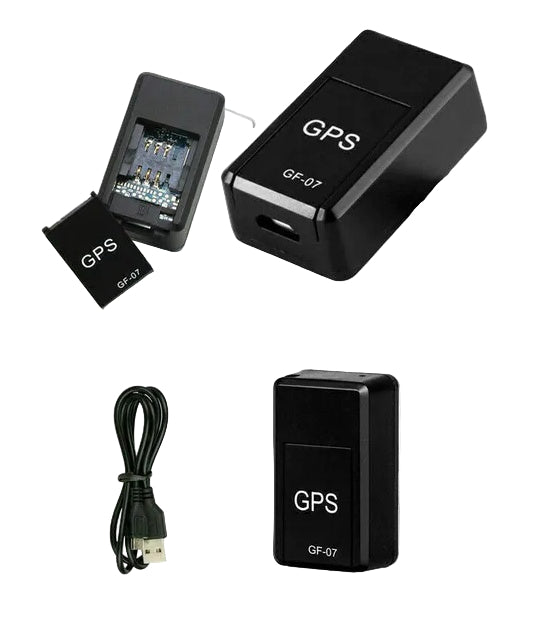 Black GPS tracker device with USB cable and charging cable on a white background