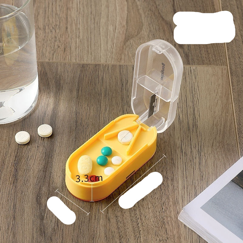 Yellow and clear portable pill organizer with measurements on a wooden surface