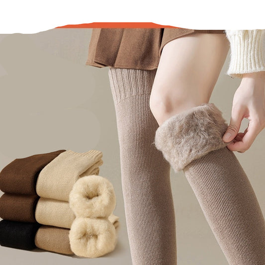 Knee-high socks with fluffy cuffs, shown on a person's leg, with text highlighting features.